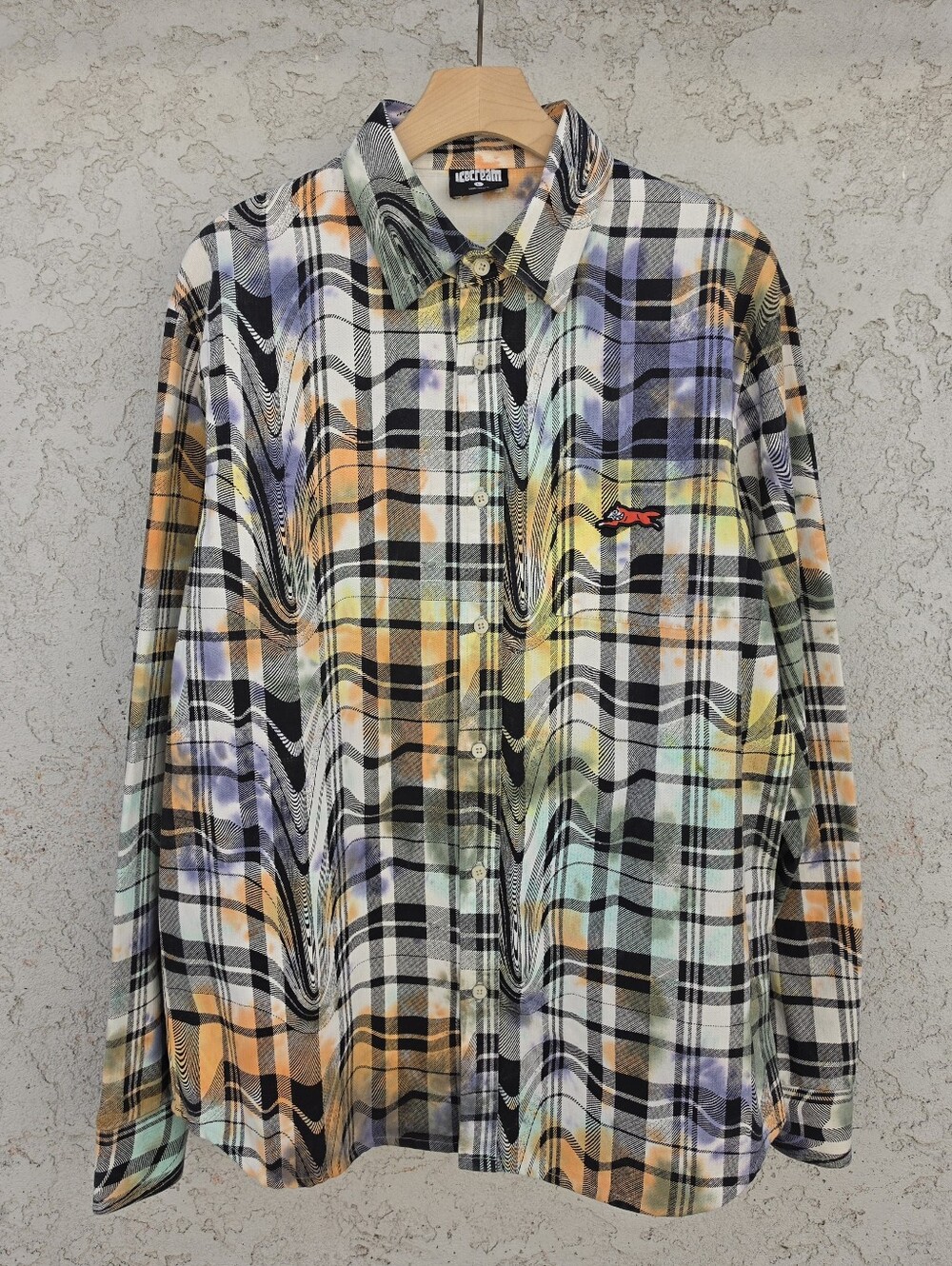 ICECREAM BBC Sanjuro Trippy Distortion Plaid L/S Shirt Large Running Dog Cotton